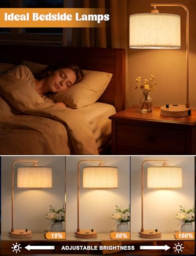 20.7" Tall Table Lamp with USB & Outlet, Fully Dimmable Nightstand Lamp - color: F-Beige Shade & Wood Base