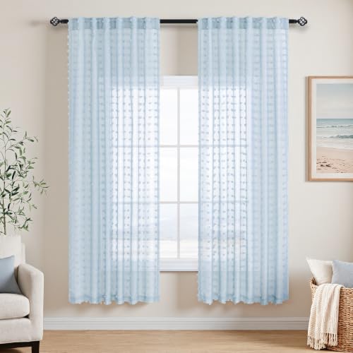 DANCURTON Light Blue Sheer Curtains 63 Inch Length for Bedroom Boho Pom Pom Sheer Curtains 2 Panels Back Tab Blue Drapes for Bathroom Nursery Kids Room Modern Farmhouse Coastal Decor Window Treatments - color: Light Blue, size: 52"W x 63"L (Pack of 2)
