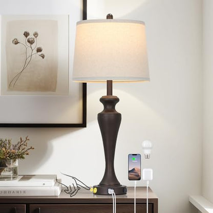 30 Inch Dark Brown Table Lamp Single, 3-Way Touch Control Bedside Lamp with USB A+C Ports and AC Outlet, Tall Living Room Lamps for End Table, Elegant Coffee Bedroom Lamps for Night stand, Coffee - color: Brown-1PK