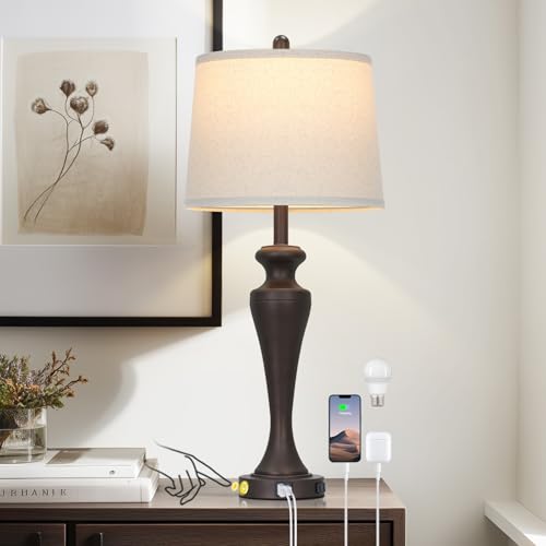 30 Inch Dark Brown Table Lamp Single, 3-Way Touch Control Bedside Lamp with USB A+C Ports and AC Outlet, Tall Living Room Lamps for End Table, Elegant Coffee Bedroom Lamps for Night stand, Coffee - color: Brown-1PK