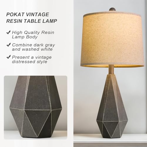 PoKat 23'' Table Lamps Set of 2 for Living Room Bedroom, Farmhouse Bedside Lamps, Resin Vintage Lamps for Night Stands, Office Sideboard Guest Room Hallway (Deep Gray) - color: Medium - Dark Grey