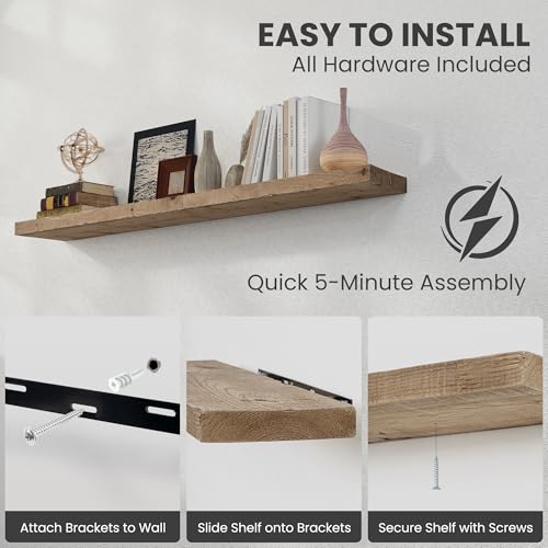 FLYJOE Solid Wood Floating Shelves, 8" Deep Rustic Reclaimed Barnwood Wall Hanging Floating Shelf with Invisible Heavy-Duty Metal Bracket | Wall Mounted | Farmhouse Style | 55 inches,1PC,Natural - color: Distressed Natural, size: 55inches-1P
