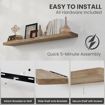 FLYJOE Solid Wood Floating Shelves, 8" Deep Rustic Reclaimed Barnwood Wall Hanging Floating Shelf with Invisible Heavy-Duty Metal Bracket | Wall Mounted | Farmhouse Style | 55 inches,1PC,Natural - color: Distressed Natural, size: 55inches-1P