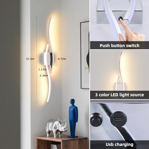 Battery Operated Wall Sconce, Silver LED Battery Wall Light dimming with Remote Control, 31.4Inch Rechargeable Chrome Wireless Wall Lights for Living Room, Bedroom, and Stairs Wall Sconces (2 Pack) - color: Chrome, size: 31.4 inch