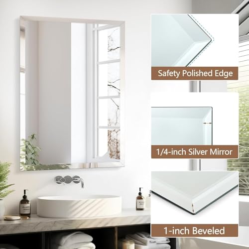 16x24 Inch Rectangle Frameless Mirror, Beveled Bathroom Mirror - size: 24"L x 16"W