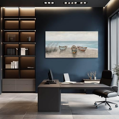 Coastal Boat Canvas Wall Art Beige Blue for Living Room 24x48 Inch - color: Blue and Brown, size: 48"L x 24"W