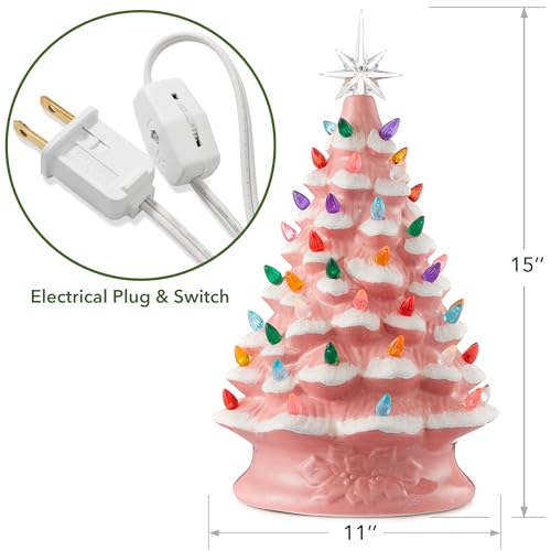 Casafield Hand Painted Ceramic Christmas Tree, Pink Snow Flocked 15-Inch Pre-Lit Tree with 128 Multi Color Lights and 2 Star Toppers - color: Pink Snow Flocked