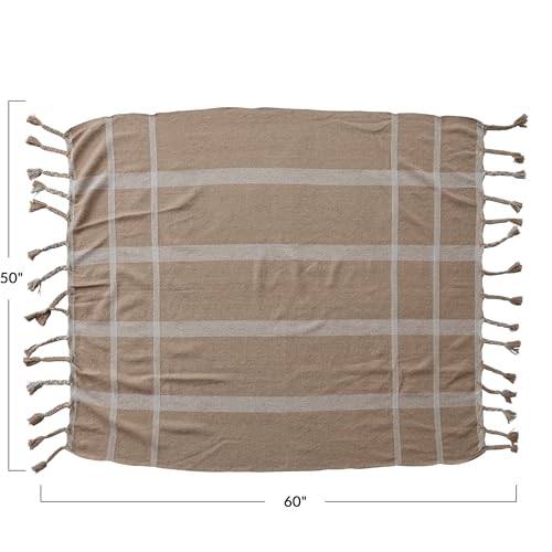 Creative Co-Op Woven Cotton Blend Striped Throw with Braided Fringe, Beige and Natural