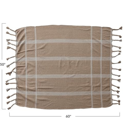 Creative Co-Op Woven Cotton Blend Striped Throw with Braided Fringe, Beige and Natural