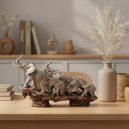 Comfy Hour 14 Inch Elephant Statue, African Family Figurine - color: Gray Elephants With Weathered Cliff Base