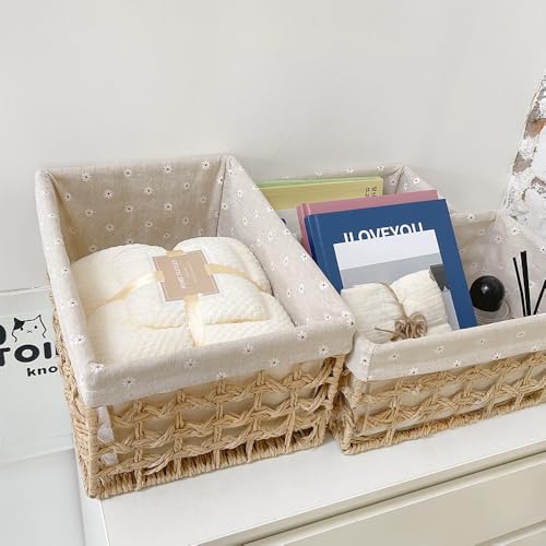 GIB Small Wicker Woven Storage Baskets for Organizng with Liners, Set of 3 - color: Beige