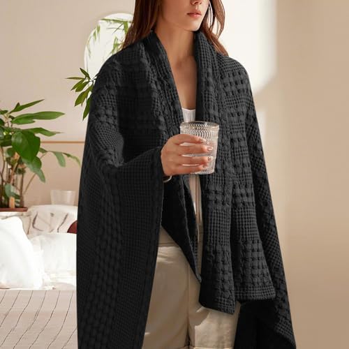 PHF Lightweight 100% Cotton Waffle Throw Blanket for Couch, Black - color: 14 Black, size: Throw(50"x60")