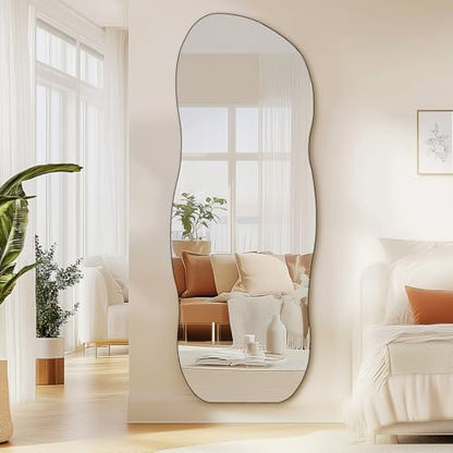 QDSSDECO Full Length Mirror Irregular Wavy Mirror with Stand, Frameless - color: Wave With Bracket