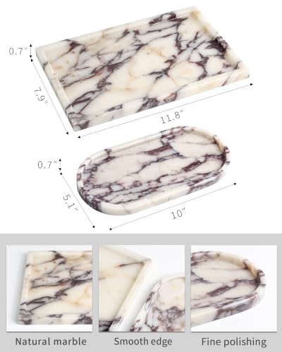 Real Luxurious Natural Marble Vanity Tray Genuine Marble Storage Tray for Home Decor Stone Tray for Bathroom/Kitchen/Vanity/Dresser Non-Resin/Non-Ceramic/Viola Oval Set - color: Marble Tray-viola Oval Set, size: 11" x 7.5" x 0.7"