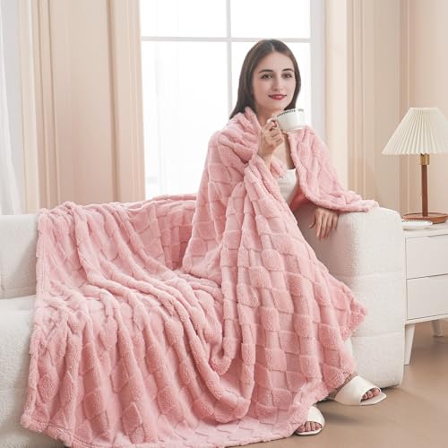 Pink Fleece Throw Blanket for Couch Sofa 50”x60” with Diamond Checkered (Pack of 2) - color: Pink, size: Throw(50"x60") (Pack of 2)