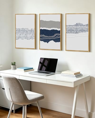PHOPAGO Navy Blue Abstract Shapes Framed Wall Art 16x24in Natural Frame - color: Cyan Mid Century, size: 24L" x 16W" x 3 Pcs Natural