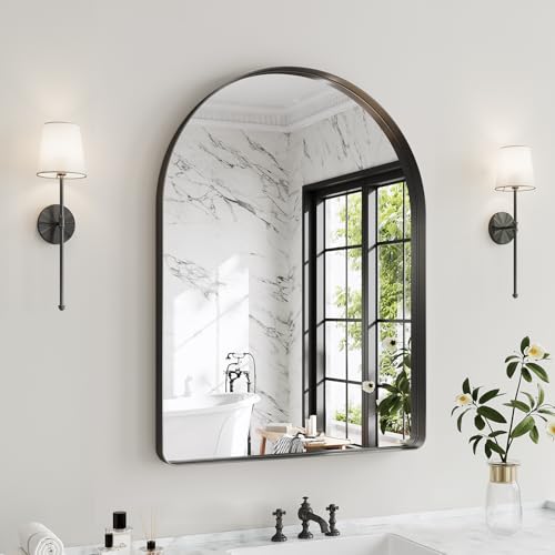 30"x20" Black Arched Mirror, Arched Wall Mirror with Metal Frame, Wall Mounted Large Arched Mirror for Living Room, Restroom, Entryway, Tempered Glass, Modern Home Decor - color: Black-rounded Corner, size: 30"L x 20"W
