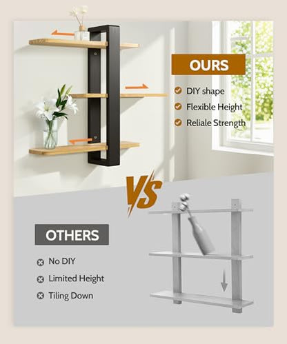 SUMGAR Wood Floating Shelves for Wall, 3 Tier Adjustable Plant Shelf Unit - color: Black&wooden, size: 3 Tier 19.6in