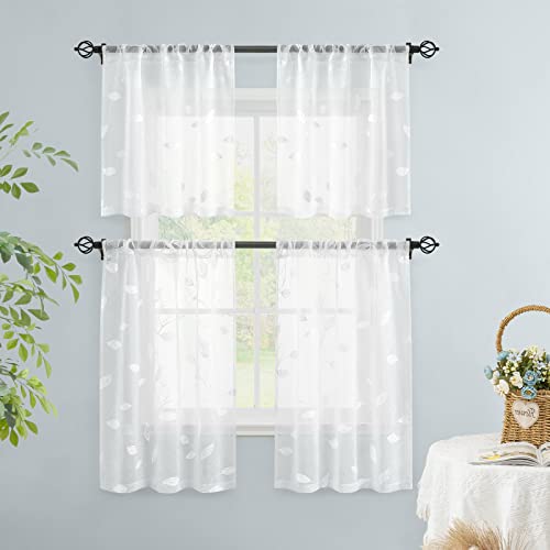 HOMEIDEAS White Kitchen Sheer Tier Curtains Leaf Embroidered, 30x36 - color: 4-white, size: 30"W x 36"L (Pack of 2)