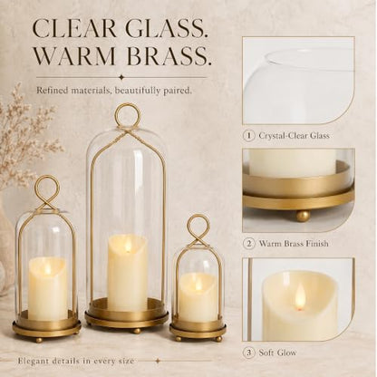 15", 9" & 7" Hurricane Candle Holders Set of 3, Gold & Glass - color: Gold