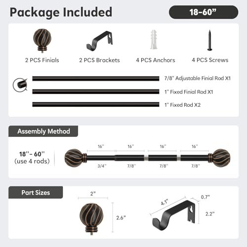 Black Curtain Rods for Windows 28 to 48 Inch 7/8" Diameter Small - color: Black, size: 18"-60"|1 Pack
