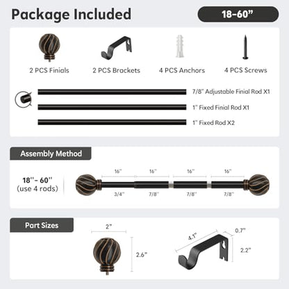 Black Curtain Rods for Windows 28 to 48 Inch 7/8" Diameter Small - color: Black, size: 18"-60"|1 Pack