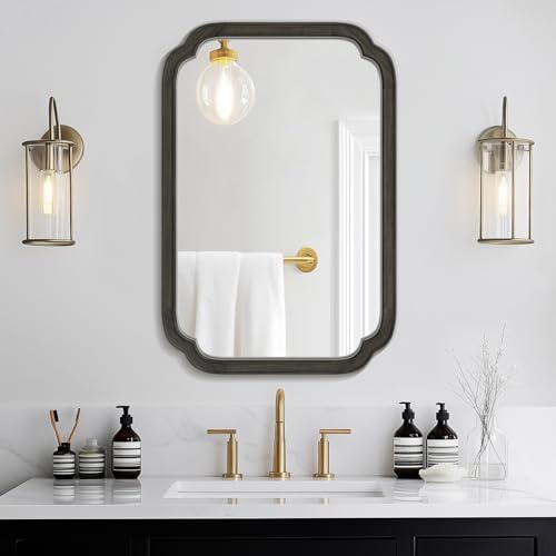 WallBeyond 20" x 30" Rounded Corner Arch Wall Mirror with Wood Frame for Entryway, Living Room or Bedroom Home Decor - Light Woodgrain [20" x 30" Black] - color: Black a, size: 30"L x 20"W