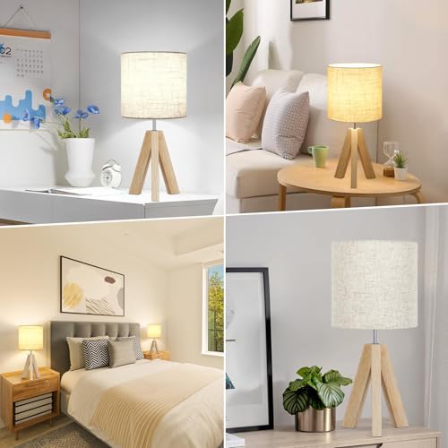 Small Table Lamp, Wooden Tripod Nightstand Lamp with Linen Fabric Shade, Cute Boho Modern Bedside Nightstand Lamp for Bedroom, Living Room, Nursery, Kids Room, Office, Dorm, Bulb Not Included - color: Beige