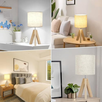 Small Table Lamp, Wooden Tripod Nightstand Lamp with Linen Fabric Shade, Cute Boho Modern Bedside Nightstand Lamp for Bedroom, Living Room, Nursery, Kids Room, Office, Dorm, Bulb Not Included - color: Beige