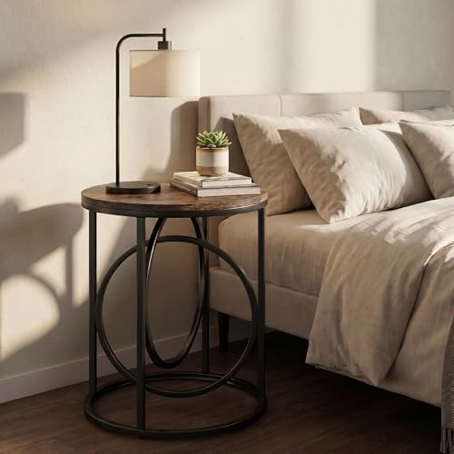 LITTLE TREE 20” Round End Table with Thick Wood Top，Modern Sofa Side Table with Gold O-Shaped Base, Midcentury Accent Table Cocktail Table Nightstand for Living Room Bedroom - color: Rustic Brown+black