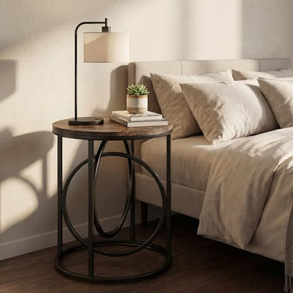 LITTLE TREE 20” Round End Table with Thick Wood Top，Modern Sofa Side Table with Gold O-Shaped Base, Midcentury Accent Table Cocktail Table Nightstand for Living Room Bedroom - color: Rustic Brown+black