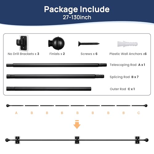 ENJOYBASICS Curtain Rods No Drilling for Renter, 28-120" Adjustable, Black - color: Black, size: 27-130"