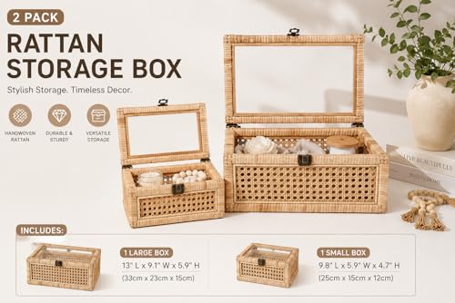 Large Set of 2 BOHO Decorative Rattan Box with a lockable Glass Top Scent Free
