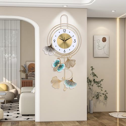 Large Wall Clock for Living Room, Round dial with Golden Green Leaves and Butterfly, Modern Silent Non-ticking Metal Wall Clocks for Kitchen Bedroom Study Office, 12.5x25.5inch (Gold Butterfly&Leaves) - color: White Leaf