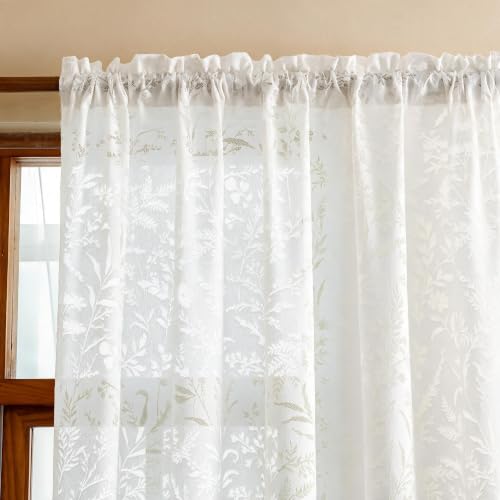 WUBODTI White Lace Semi Sheer Curtains Living Room 72 Inch Length 2 Panels - color: White Leaf, size: 52"W x 72"L (Pack of 2)