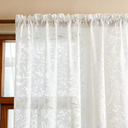 WUBODTI White Lace Semi Sheer Curtains Living Room 72 Inch Length 2 Panels - color: White Leaf, size: 52"W x 72"L (Pack of 2)