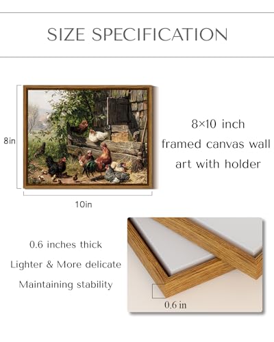 InSimSea Framed Canvas Wall Art - Funny Running Chicken & Chicken Coop - Rustic Farmhouse Painting - Country Wall Prints - Bedroom & Living Room - 8x10in - color: Leisurely Chickens, size: 10"L x 8"W