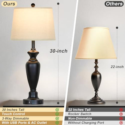 30" Tall Black Table Lamps Set of 2 for Living Room, Touch Control Bedside Lamps for Nightstand, 3-Way Dimmable Bedroom Table Lamp with USB A+C Ports and AC Outlet (2 LED Bulbs Included) - color: Black - 30"H