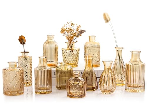 TBWIND Gold Amber Glass Bud Vases Set of 12, Small Vases for Flowers - color: Amber-12pcs, size: 12Pcs