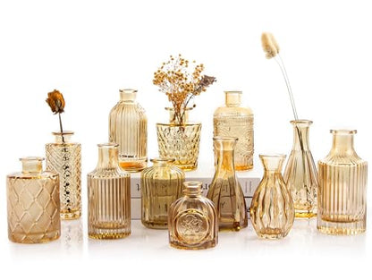 TBWIND Gold Amber Glass Bud Vases Set of 12, Small Vases for Flowers - color: Amber-12pcs, size: 12Pcs