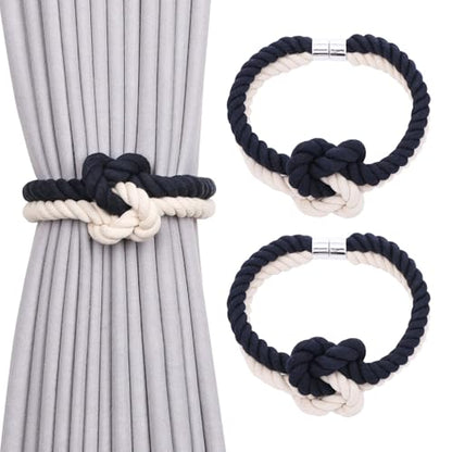NICEEC Cotton Rope Magnetic Curtain Tiebacks, 2 Pack, Dark Blue & Beige - color: Dark Blue & Beige, size: 2 Pack