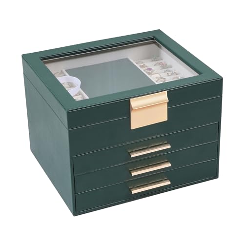 BOOVO Clear Lid Jewelry Box,3 Layers Jewelry Organizer Large Jewelry Storage Box with 2 Drawers,Jewelry Holder Organzier of Rings Earrings Necklace Bracelets for Women (Dark Green, 4 Layer) - color: Dark Green, size: 4 Layer