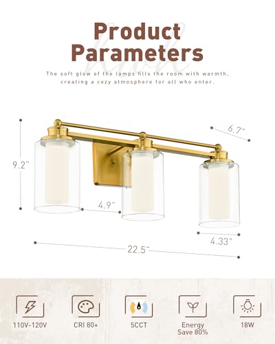 HWH 3-Light Bathroom Vanity Light, Clear Glass, Dimmable, 5HLT63B-3W-LED BG - color: Brushed Gold + LED, size: 3 Lights