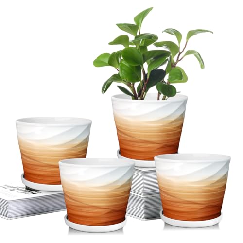 5 Inch Ceramic Plant Pot(5.5 in Diameter, 4 Pack) - color: Khaki + White, size: 5.5 Inch-4 Pack