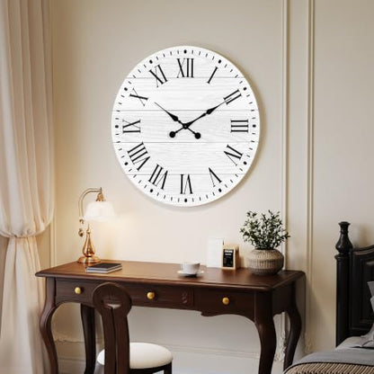 Large Wall Clock with Roman Numeral, 24” Shiplap Farmhouse Clock - color: White, size: 24 Inch