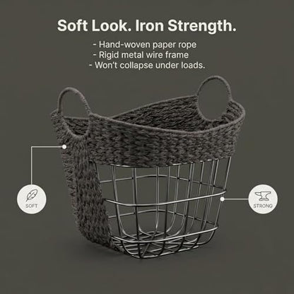 Household Essentials Handwoven Paper Rope Storage Basket with Metal Frame and Handles, Gray - color: Grey Paper Rope