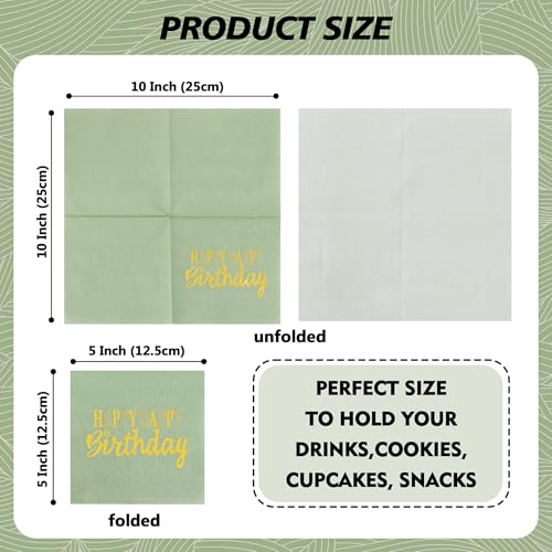 Vuzvuv 52 Pack Funny Happy Happy Birthday Cocktail Napkins with Gold Stamping - Birthday Party Dinner Hand Napkin for Party Supplies Decorations Table Decor for women man(5" Folded 3 Ply-Sage Green) - color: Happy HBD Green