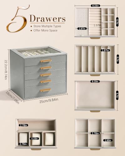 Homeanda Jewelry Boxes Organizer with Glass Lid, 5-Layer PU Leather, Grey - color: Grey, size: 5 Layer