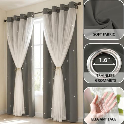 Grey Kids Star Cutout Blackout Curtains for Bedroom 52"W x 84"L 2 Panels - color: Grey, size: 52"W x 84"L (Pack of 2)