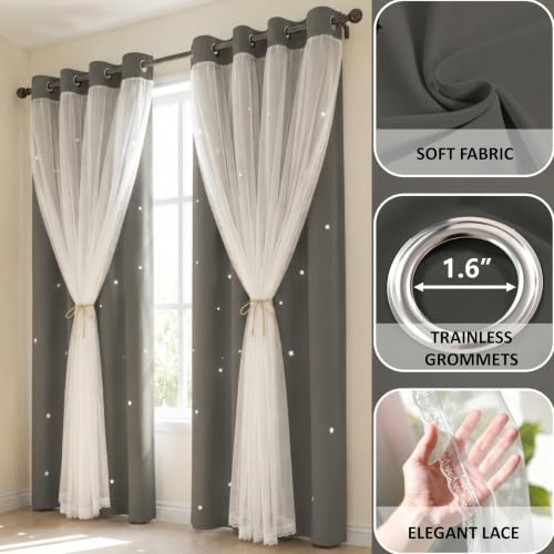 Grey Kids Star Cutout Blackout Curtains for Bedroom 52"W x 45"L 2 Panels - color: Grey, size: 52"W x 45"L (Pack of 2)